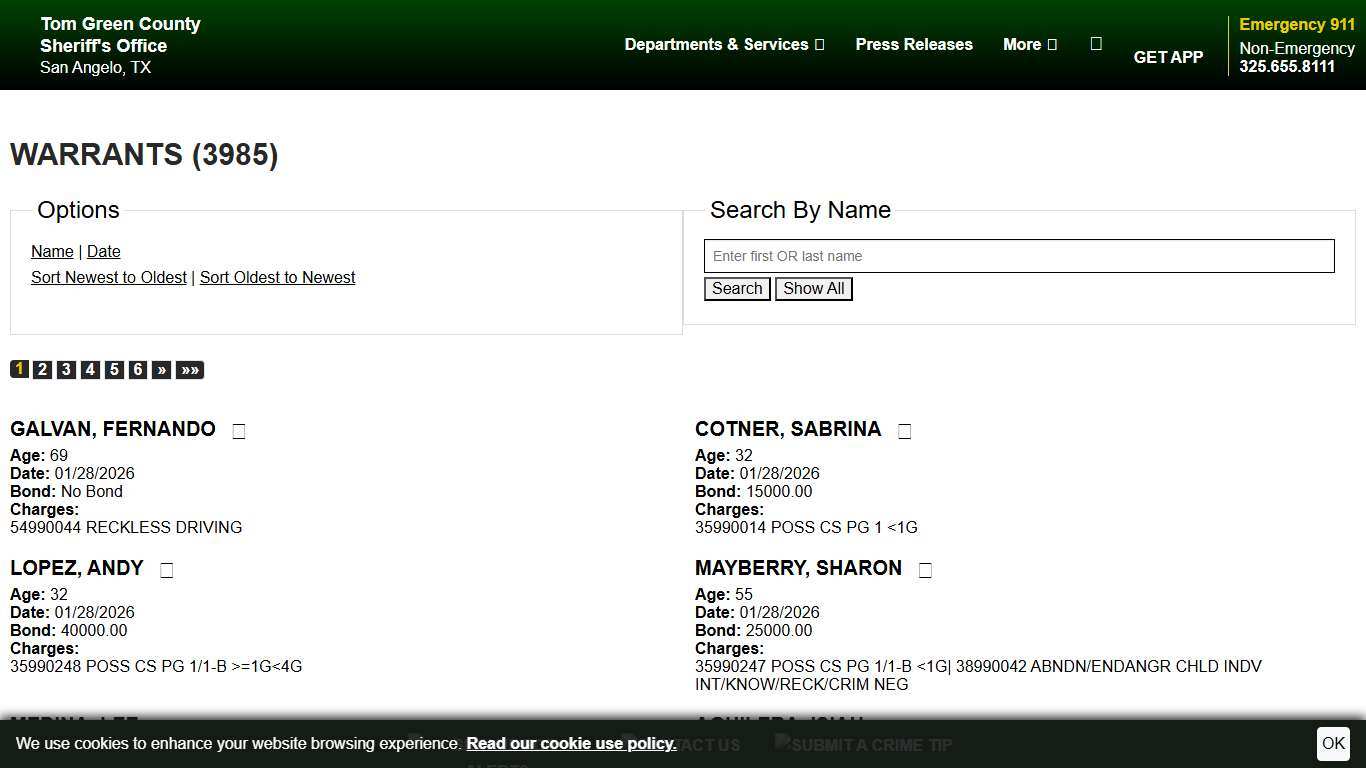 Warrants Tom Green County TX Sheriff's Office Sort Warrant Date - Descending Page 1